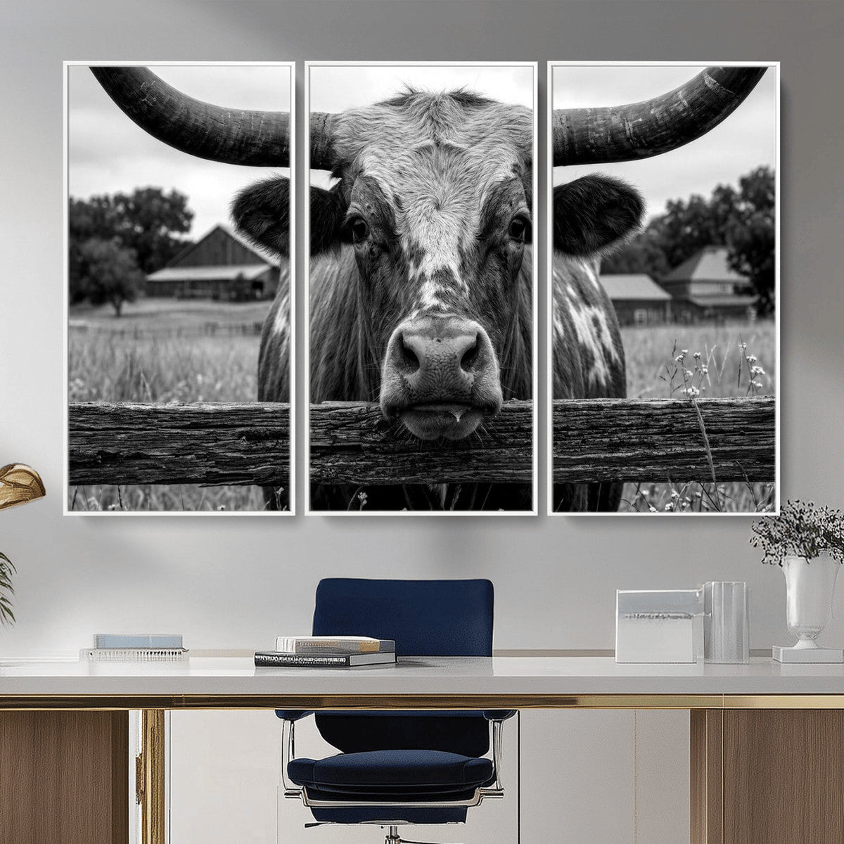 Black White Texas Longhorn Bull Canvas Wall Art, Western Ranch Cattle