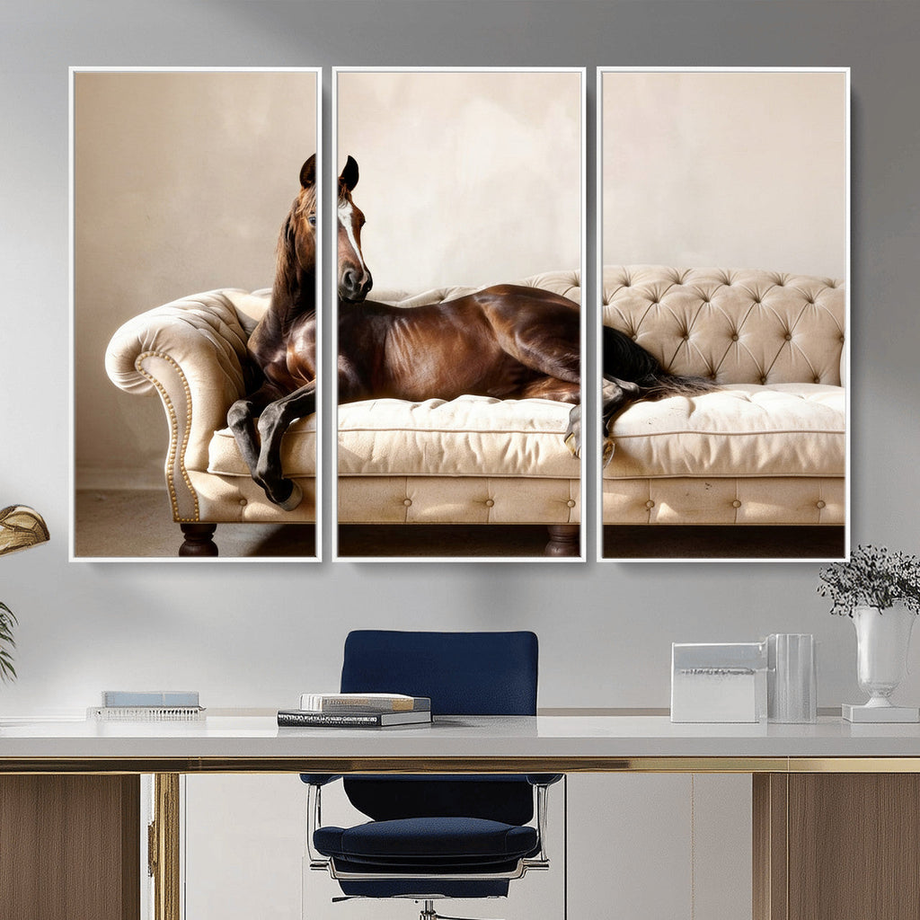 Funny Horse on Sofa Canvas Wall Art, Quirky Horse Lounging Photo