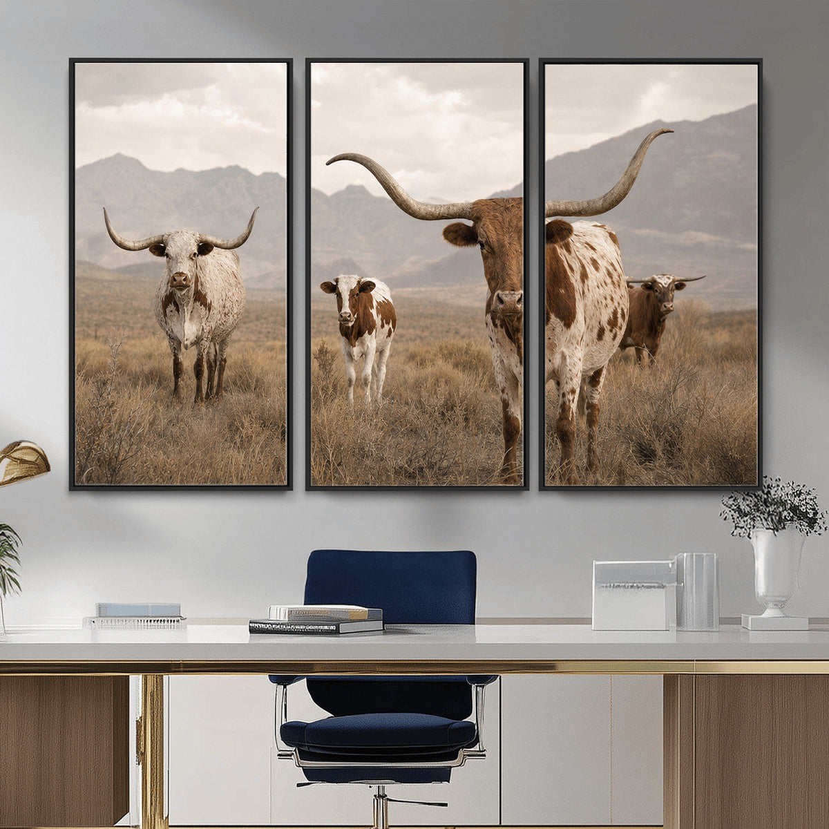 Rustic Texas Longhorn Cow Canvas Wall Art Print, Rustic Farm Animal