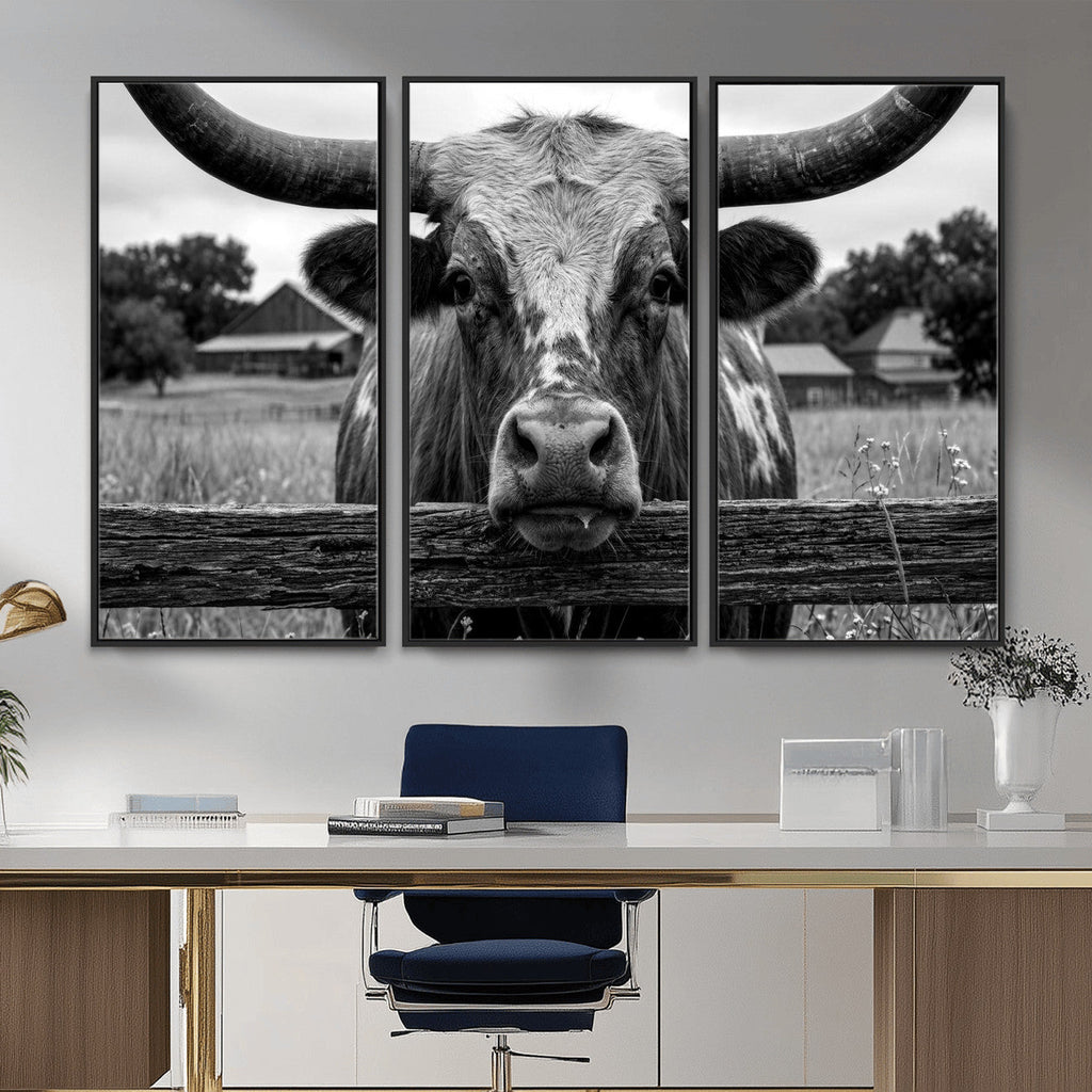Black White Texas Longhorn Bull Canvas Wall Art, Western Ranch Cattle