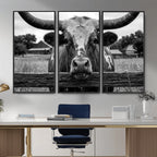 Black White Texas Longhorn Bull Canvas Wall Art, Western Ranch Cattle