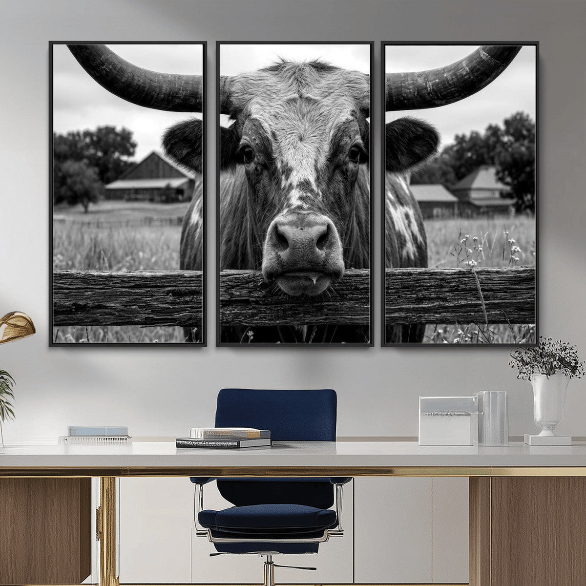 Black White Texas Longhorn Bull Canvas Wall Art, Western Ranch Cattle