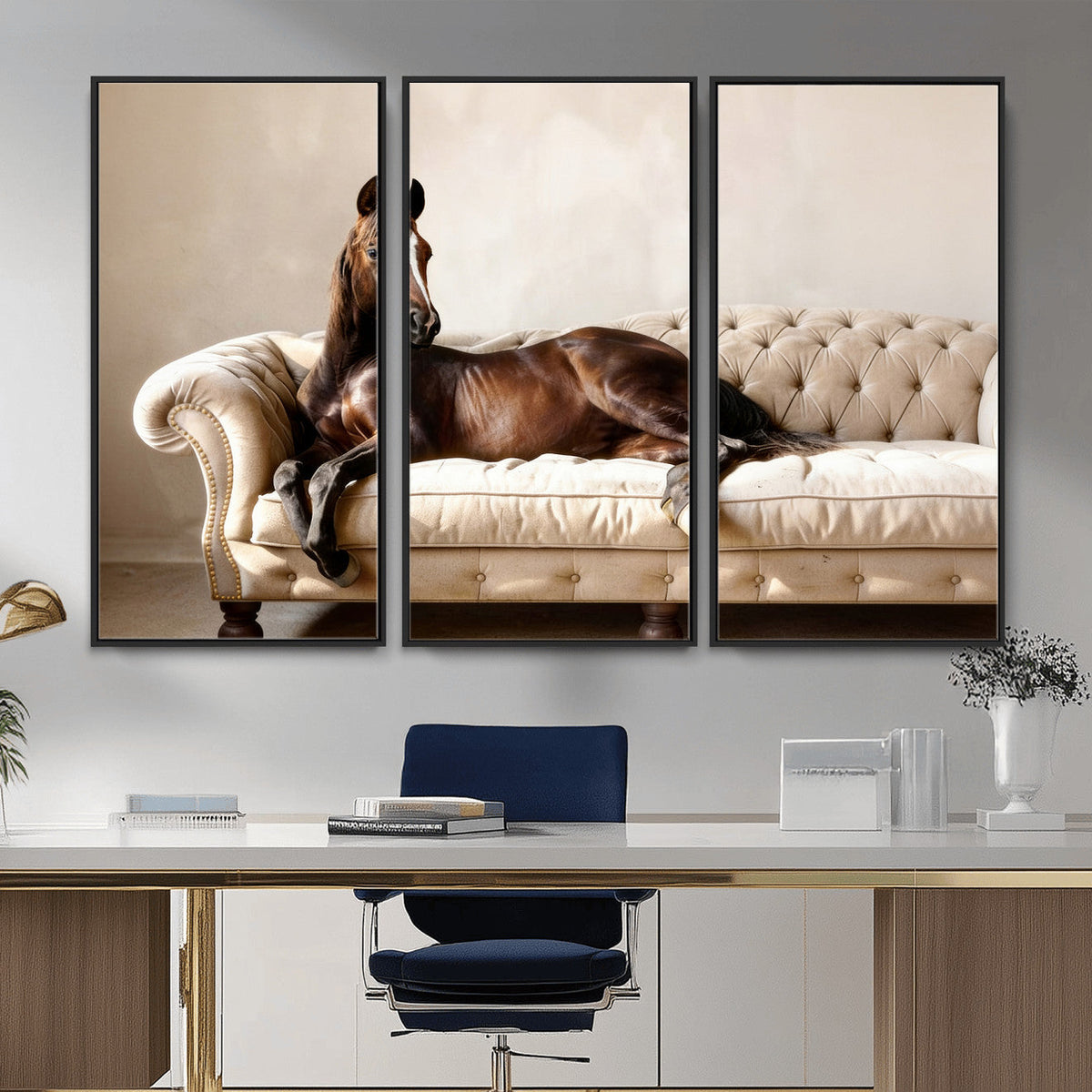 Funny Horse on Sofa Canvas Wall Art, Quirky Horse Lounging Photo