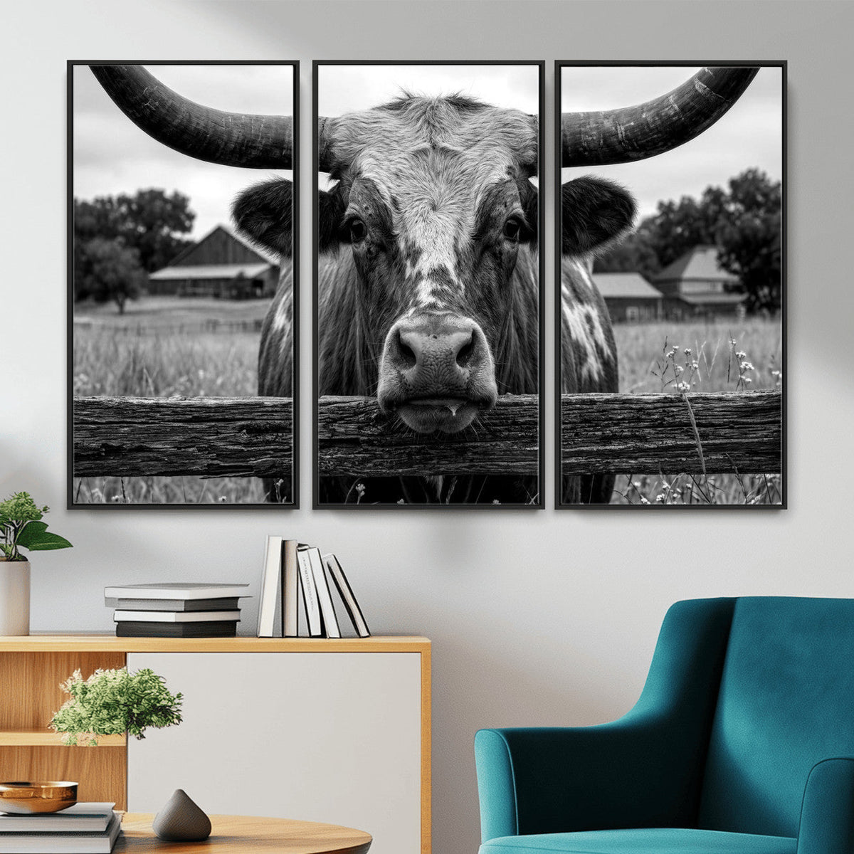 Black White Texas Longhorn Bull Canvas Wall Art, Western Ranch Cattle