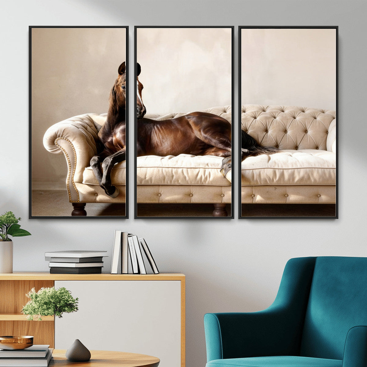 Funny Horse on Sofa Canvas Wall Art, Quirky Horse Lounging Photo