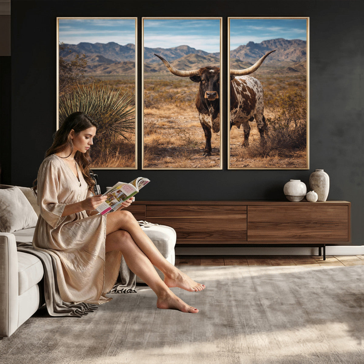 Texas Longhorn Bull Wall Art Canvas Print, Western Farmhouse Decor