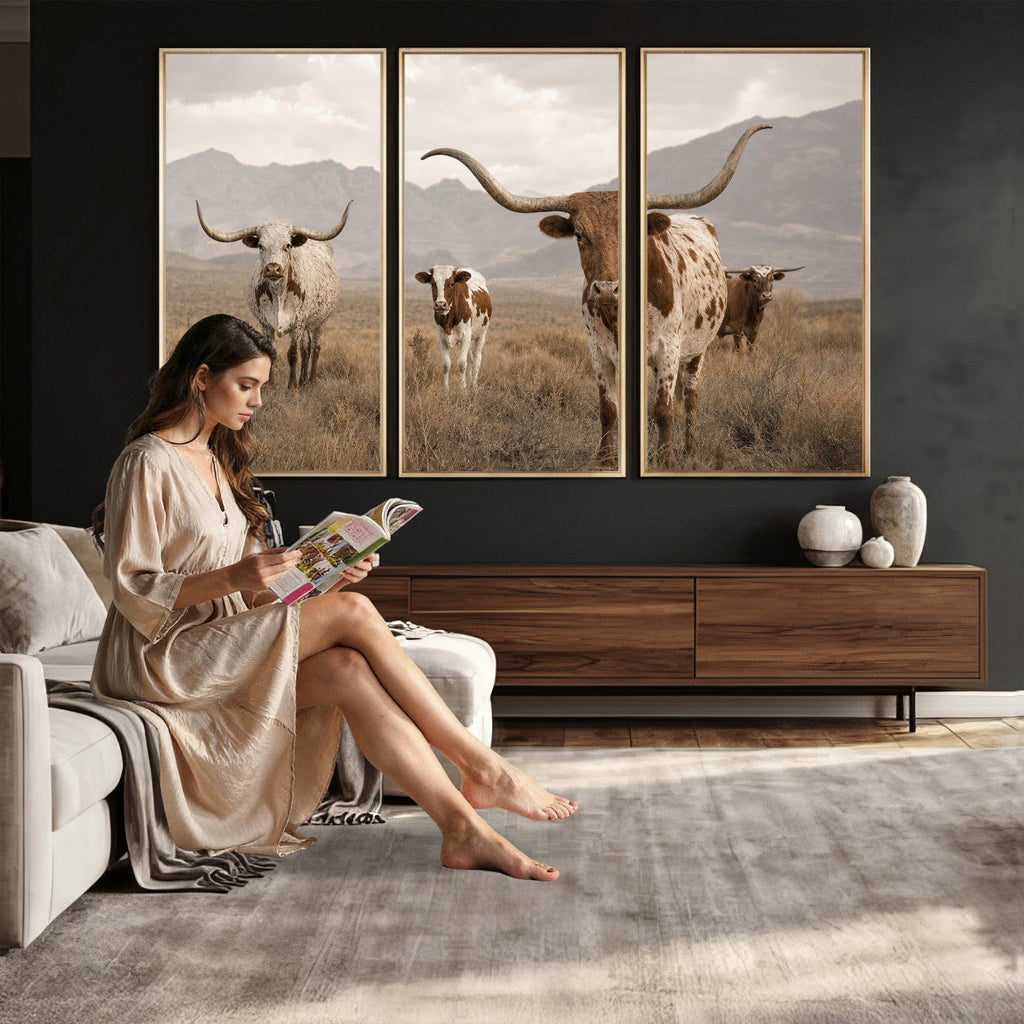 Rustic Texas Longhorn Cow Canvas Wall Art Print, Rustic Farm Animal