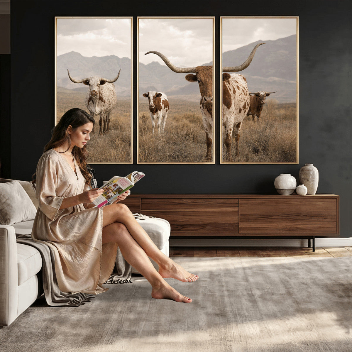 Rustic Texas Longhorn Cow Canvas Wall Art Print, Rustic Farm Animal