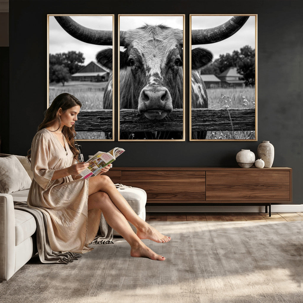 Black White Texas Longhorn Bull Canvas Wall Art, Western Ranch Cattle