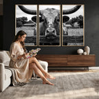 Black White Texas Longhorn Bull Canvas Wall Art, Western Ranch Cattle
