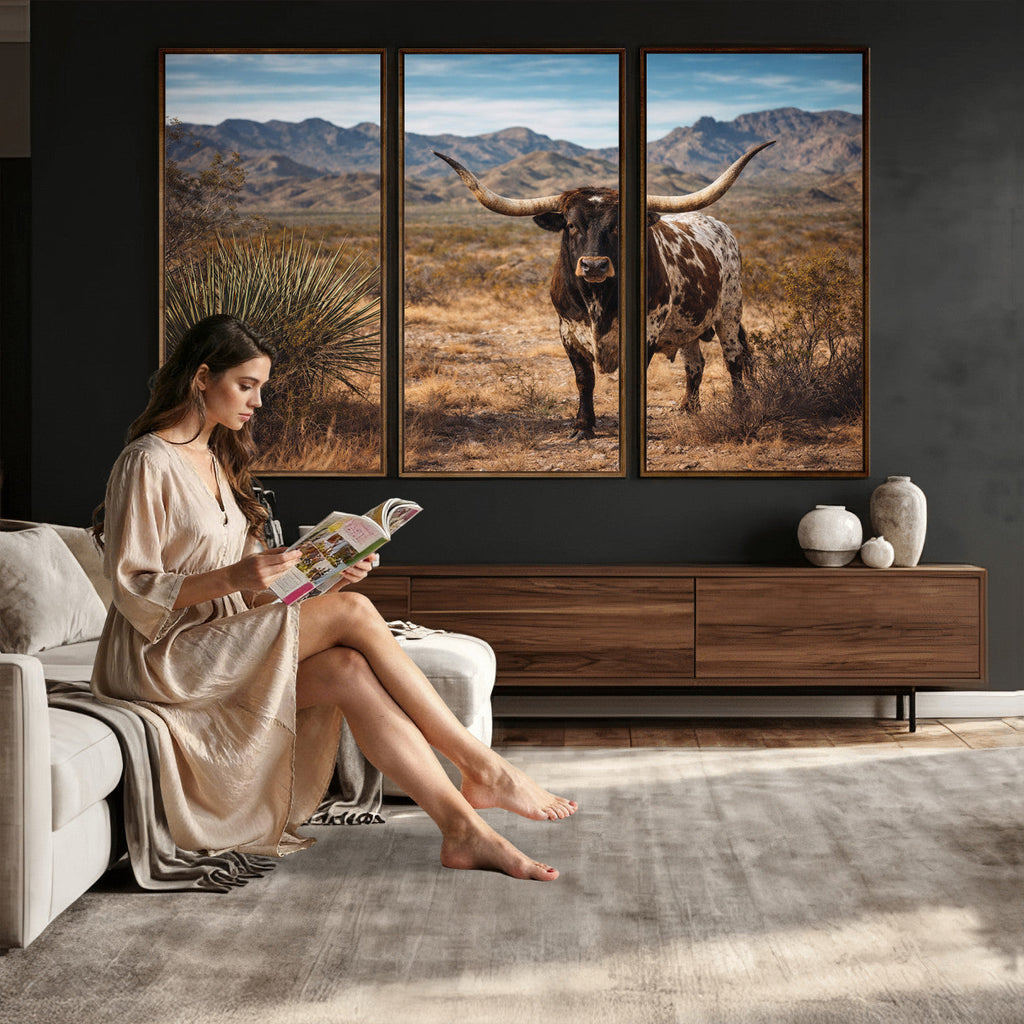 Texas Longhorn Bull Wall Art Canvas Print, Western Farmhouse Decor