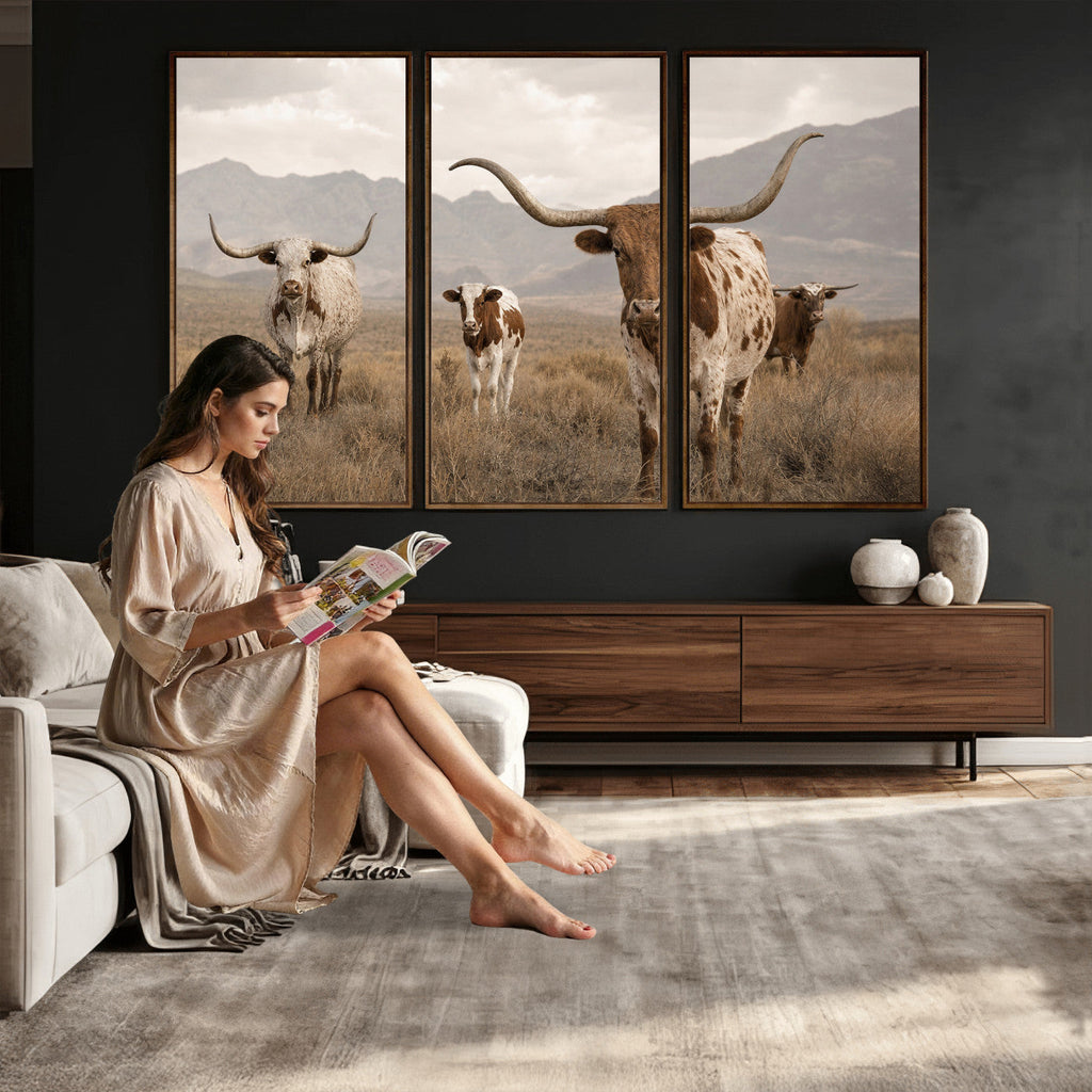 Rustic Texas Longhorn Cow Canvas Wall Art Print, Rustic Farm Animal