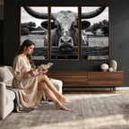 Black White Texas Longhorn Bull Canvas Wall Art, Western Ranch Cattle