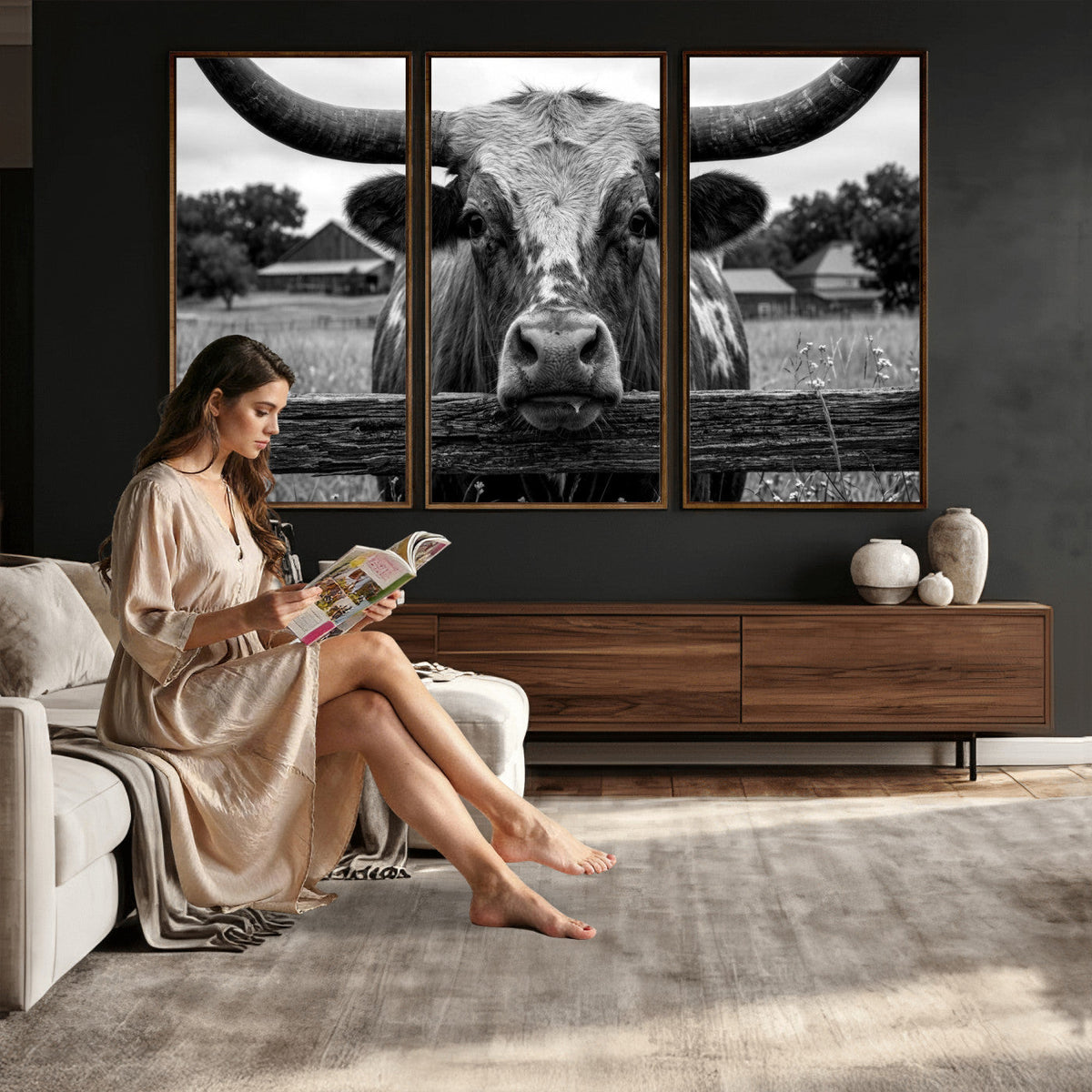 Black White Texas Longhorn Bull Canvas Wall Art, Western Ranch Cattle