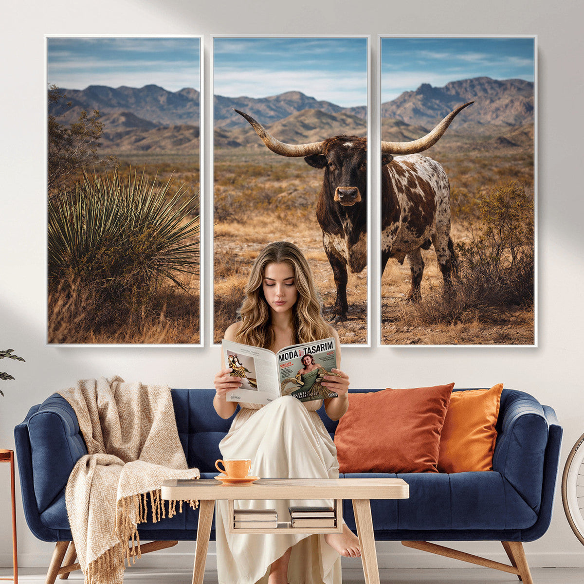 Texas Longhorn Bull Wall Art Canvas Print, Western Farmhouse Decor