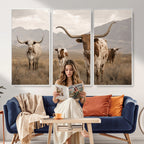 Rustic Texas Longhorn Cow Canvas Wall Art Print, Rustic Farm Animal