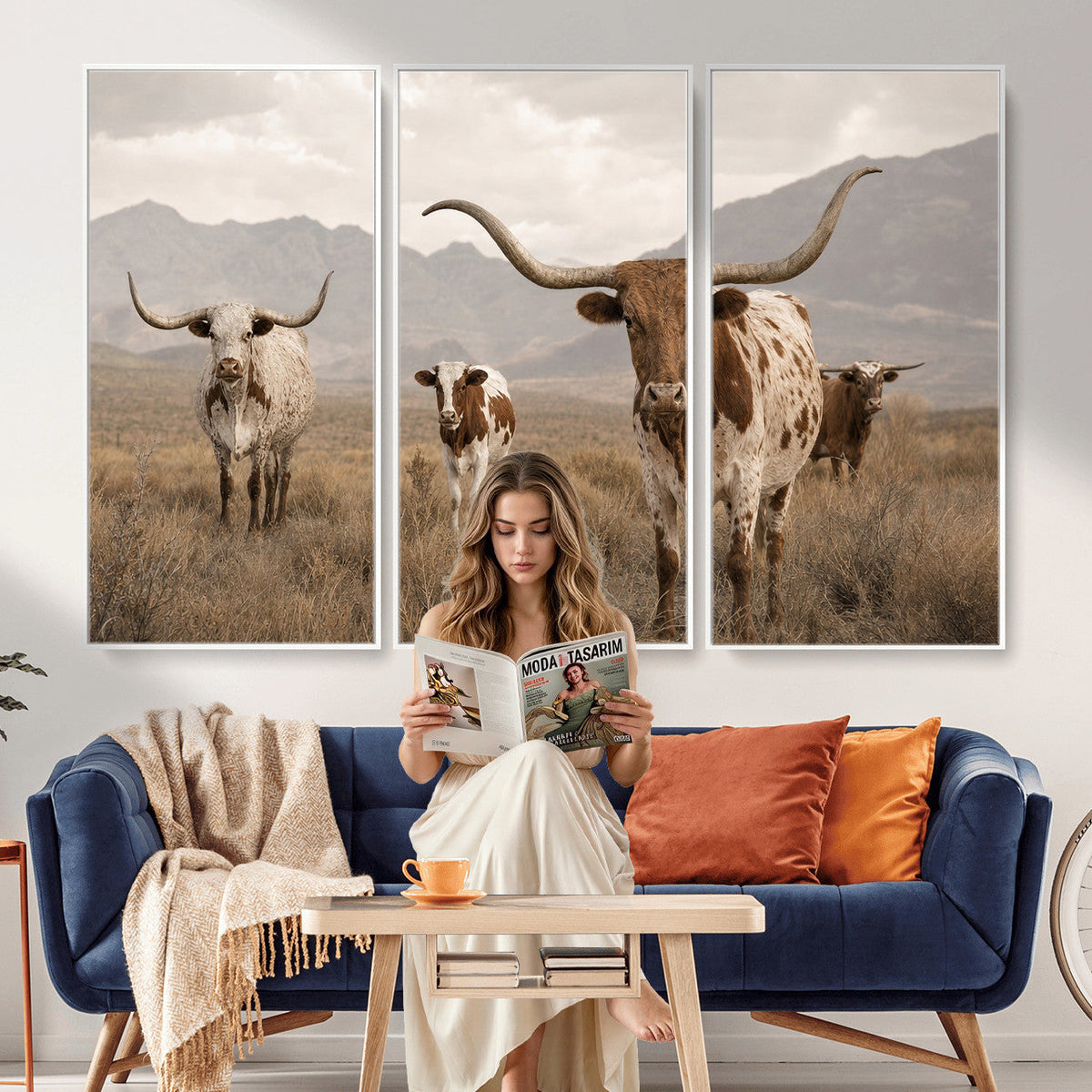 Rustic Texas Longhorn Cow Canvas Wall Art Print, Rustic Farm Animal