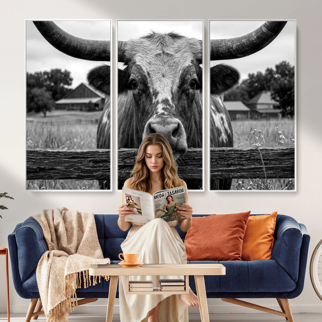 Black White Texas Longhorn Bull Canvas Wall Art, Western Ranch Cattle