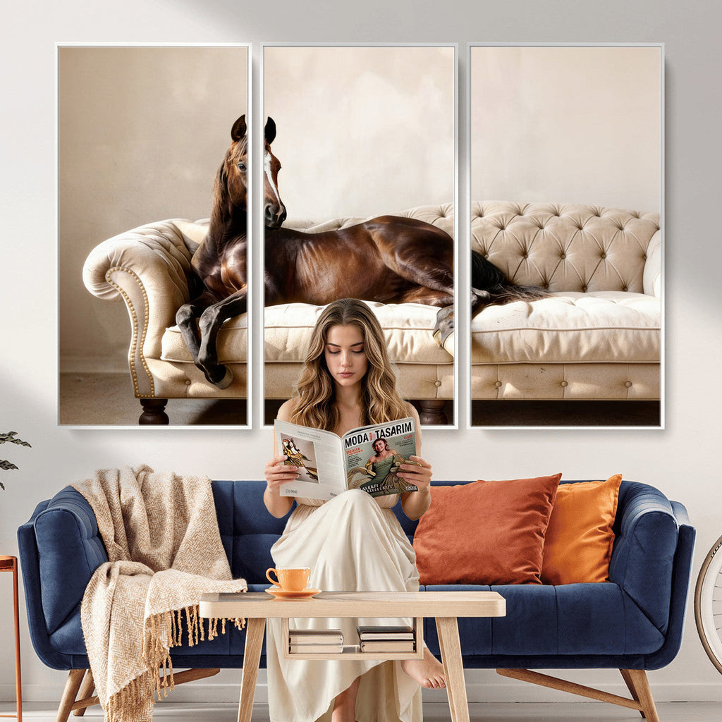 Funny Horse on Sofa Canvas Wall Art, Quirky Horse Lounging Photo