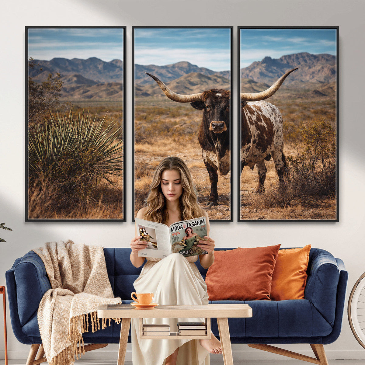 Texas Longhorn Bull Wall Art Canvas Print, Western Farmhouse Decor