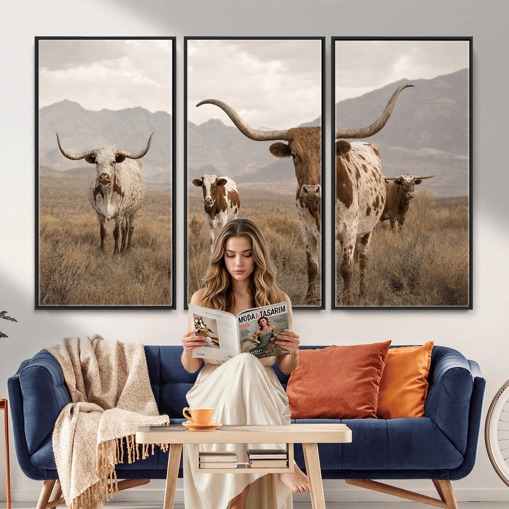 Rustic Texas Longhorn Cow Canvas Wall Art Print, Rustic Farm Animal