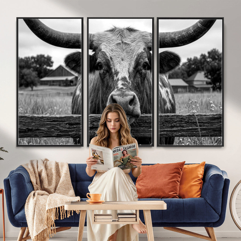 Black White Texas Longhorn Bull Canvas Wall Art, Western Ranch Cattle
