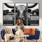 Black White Texas Longhorn Bull Canvas Wall Art, Western Ranch Cattle