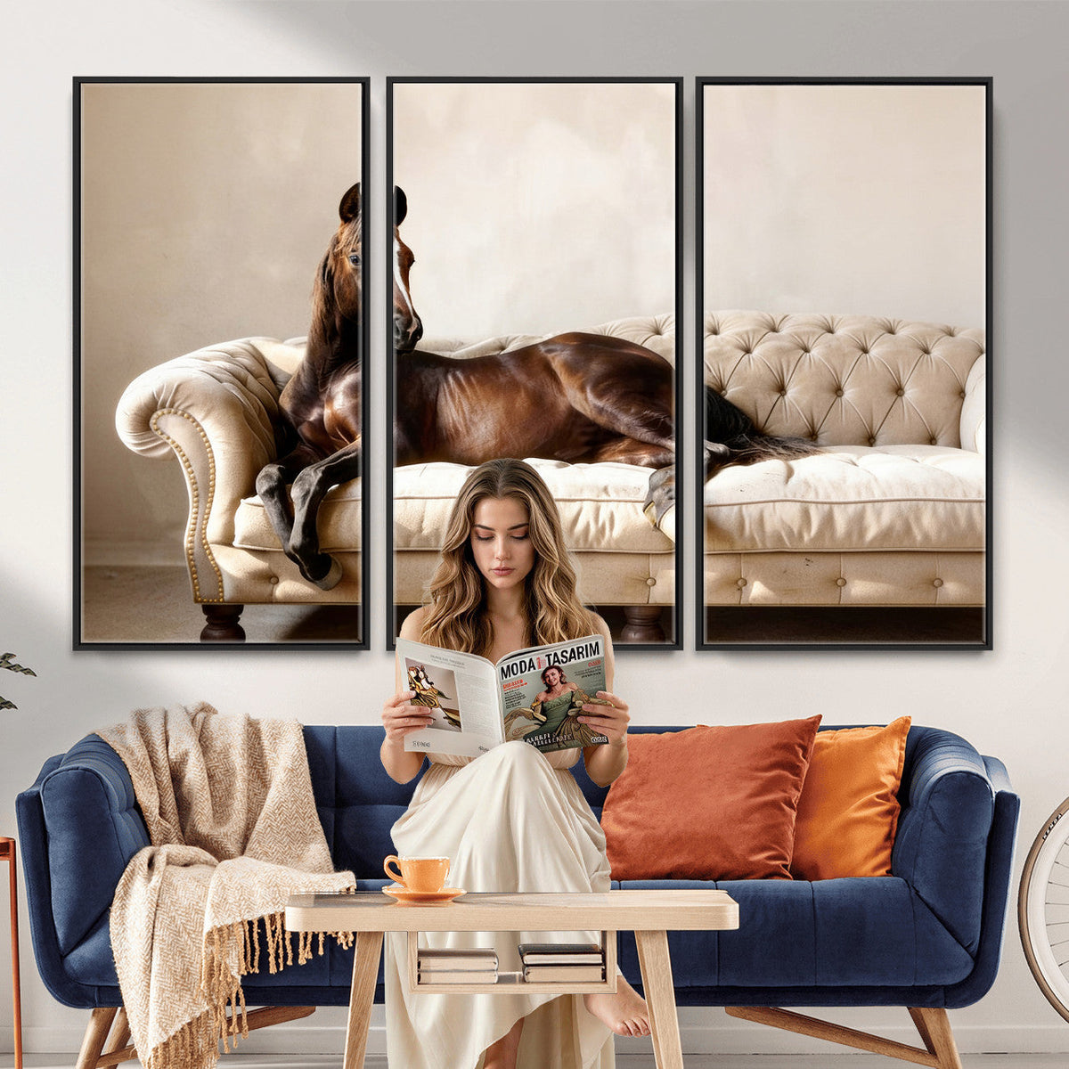 Funny Horse on Sofa Canvas Wall Art, Quirky Horse Lounging Photo