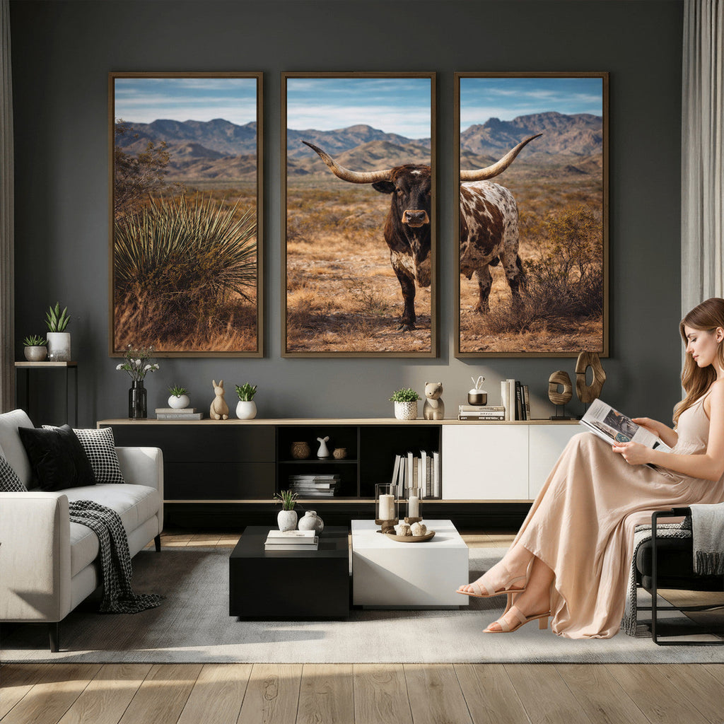Texas Longhorn Bull Wall Art Canvas Print, Western Farmhouse Decor
