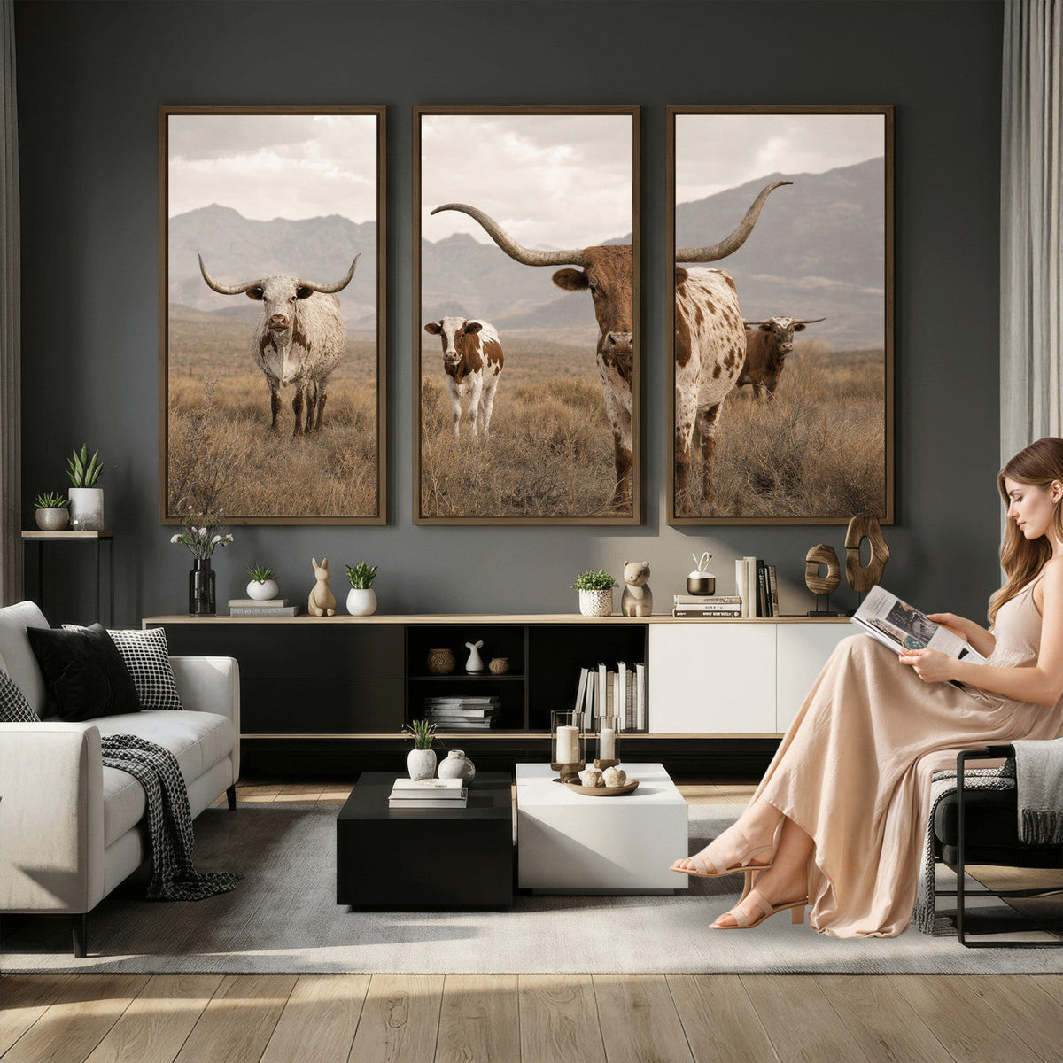 Rustic Texas Longhorn Cow Canvas Wall Art Print, Rustic Farm Animal