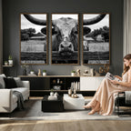 Black White Texas Longhorn Bull Canvas Wall Art, Western Ranch Cattle