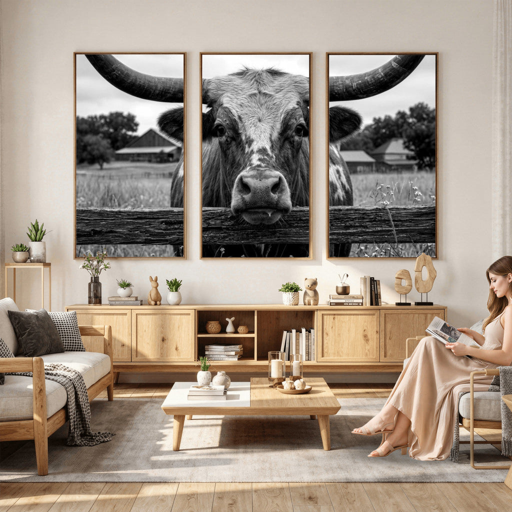 Black White Texas Longhorn Bull Canvas Wall Art, Western Ranch Cattle