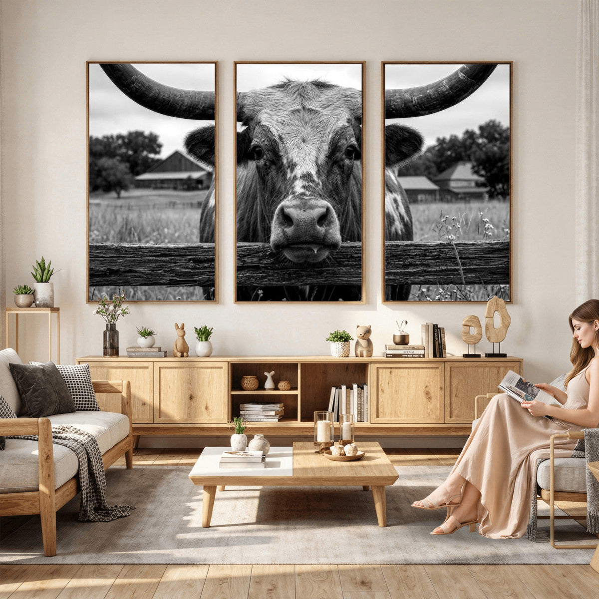Black White Texas Longhorn Bull Canvas Wall Art, Western Ranch Cattle