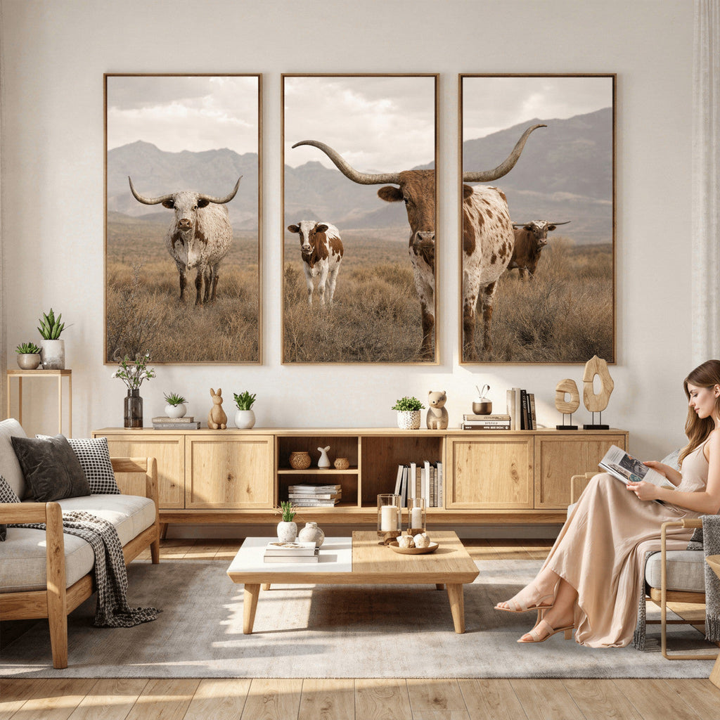 Rustic Texas Longhorn Cow Canvas Wall Art Print, Rustic Farm Animal