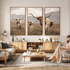 Rustic Texas Longhorn Cow Canvas Wall Art Print, Rustic Farm Animal
