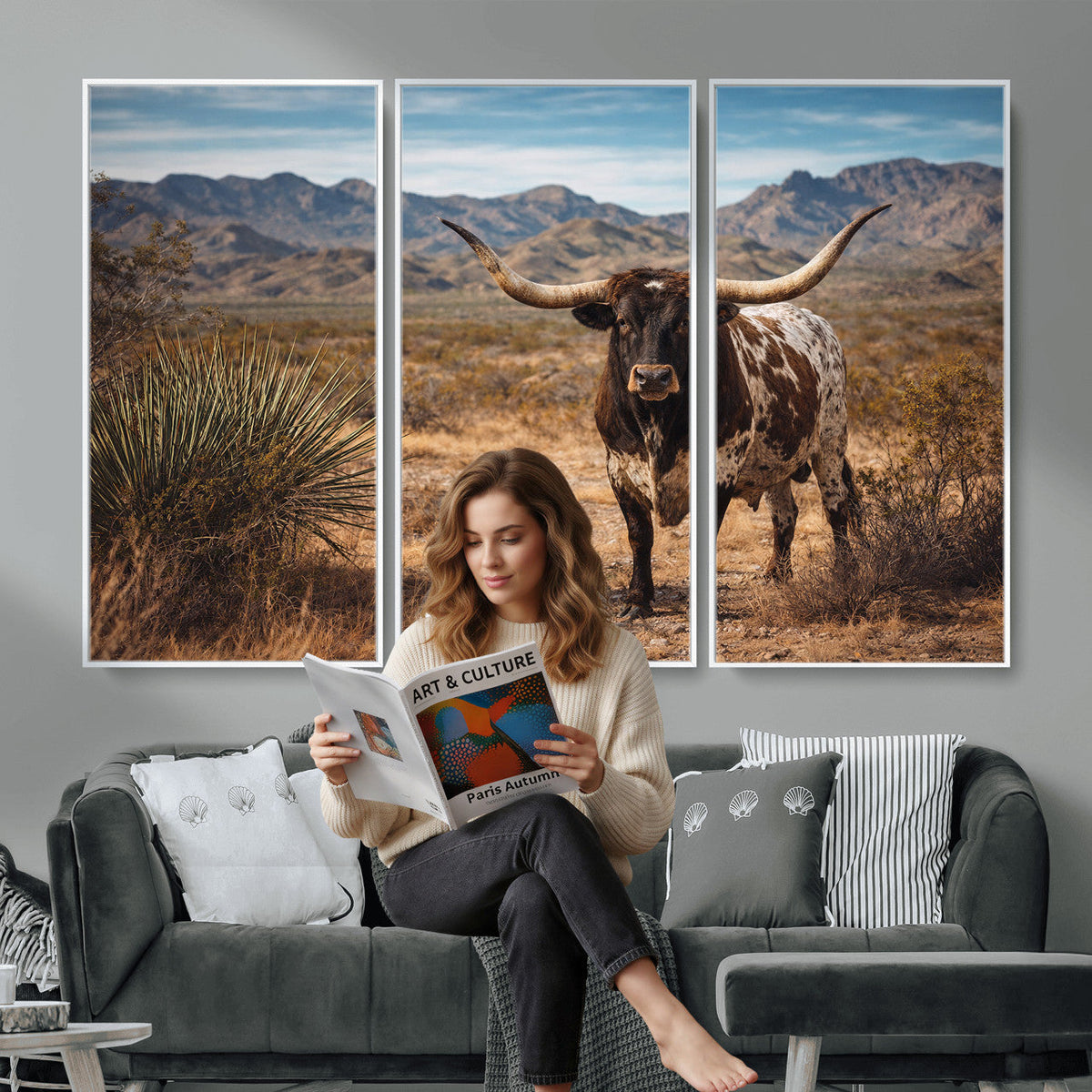 Texas Longhorn Bull Wall Art Canvas Print, Western Farmhouse Decor