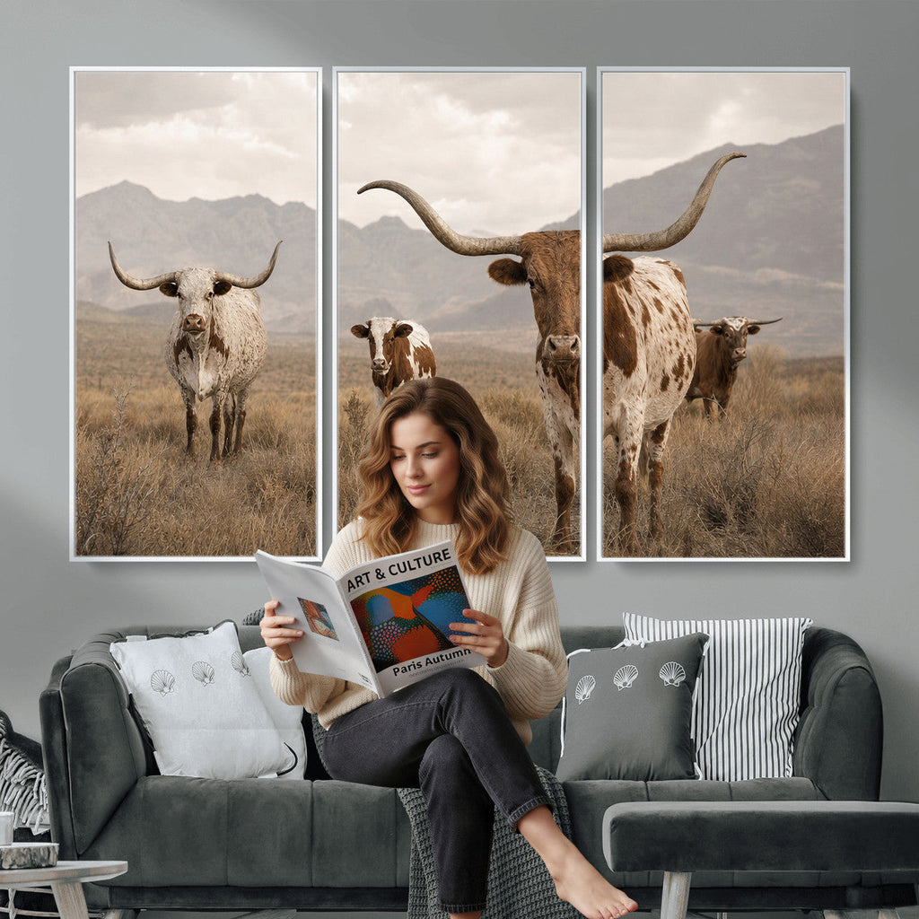 Rustic Texas Longhorn Cow Canvas Wall Art Print, Rustic Farm Animal