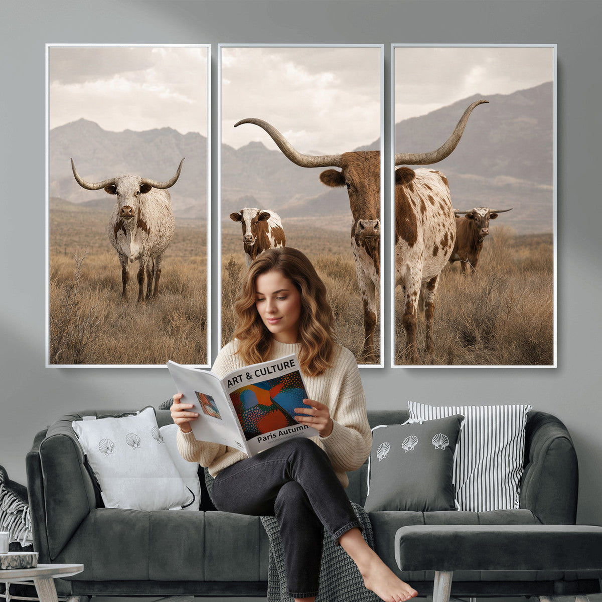 Rustic Texas Longhorn Cow Canvas Wall Art Print, Rustic Farm Animal