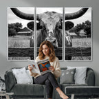 Black White Texas Longhorn Bull Canvas Wall Art, Western Ranch Cattle