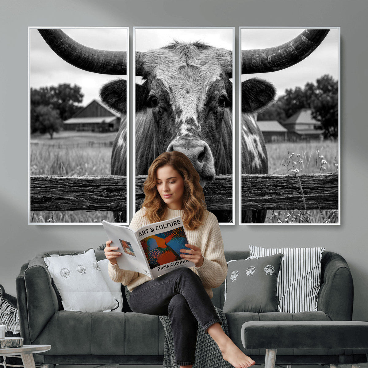 Black White Texas Longhorn Bull Canvas Wall Art, Western Ranch Cattle