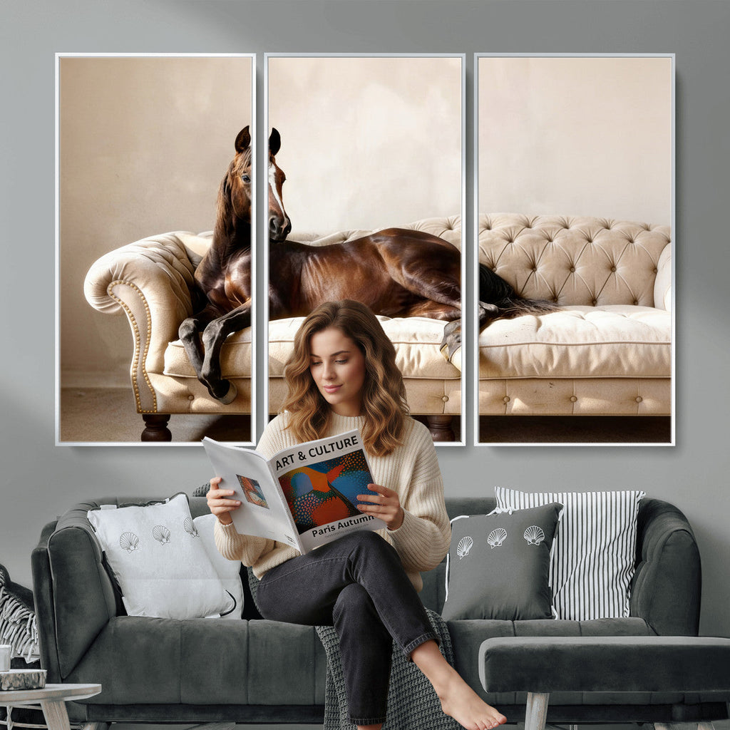 Funny Horse on Sofa Canvas Wall Art, Quirky Horse Lounging Photo