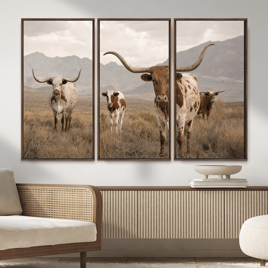 Rustic Texas Longhorn Cow Canvas Wall Art Print, Rustic Farm Animal