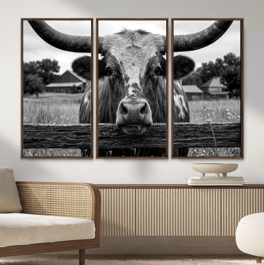 Black White Texas Longhorn Bull Canvas Wall Art, Western Ranch Cattle