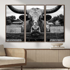 Black White Texas Longhorn Bull Canvas Wall Art, Western Ranch Cattle