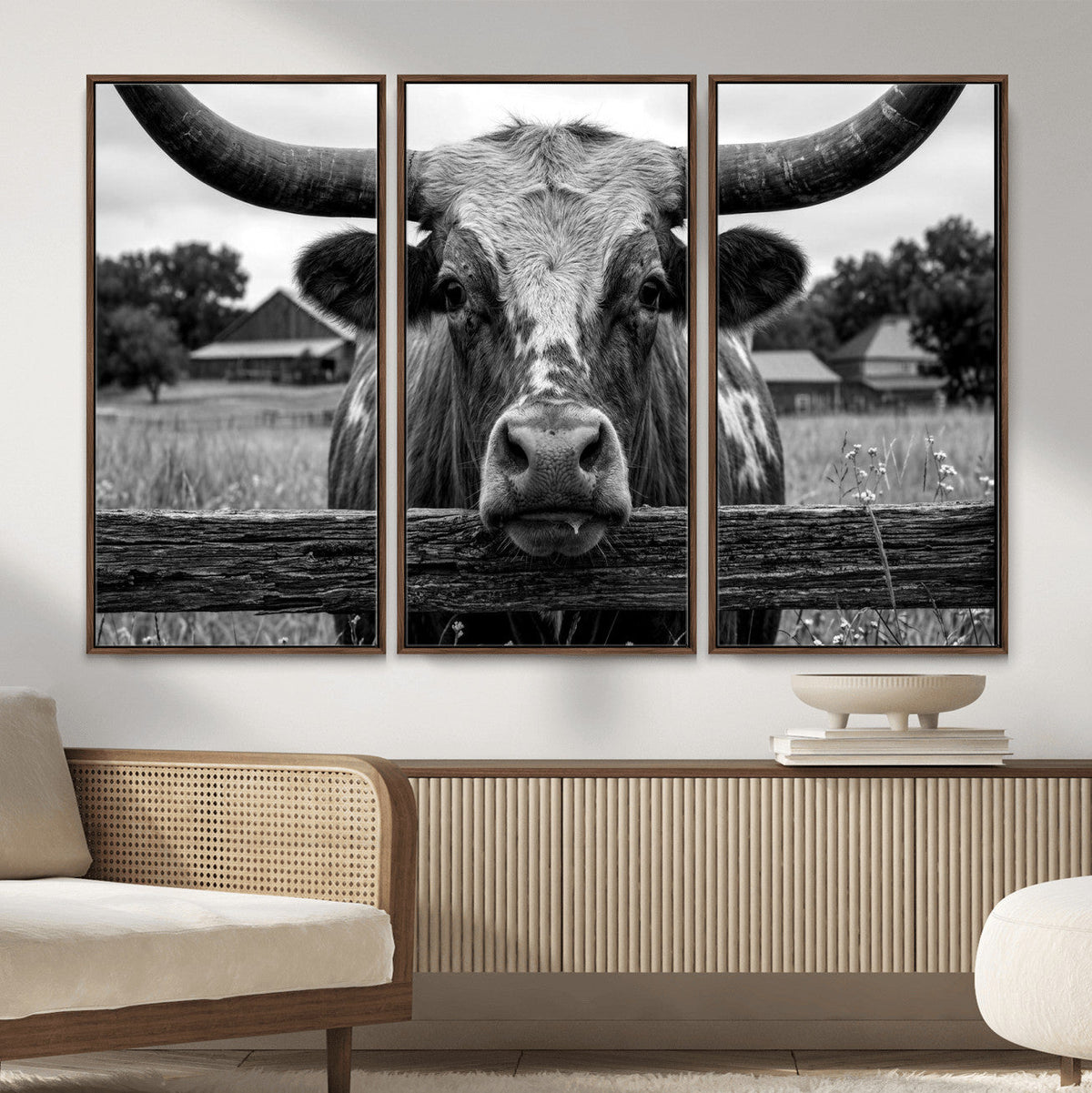 Black White Texas Longhorn Bull Canvas Wall Art, Western Ranch Cattle