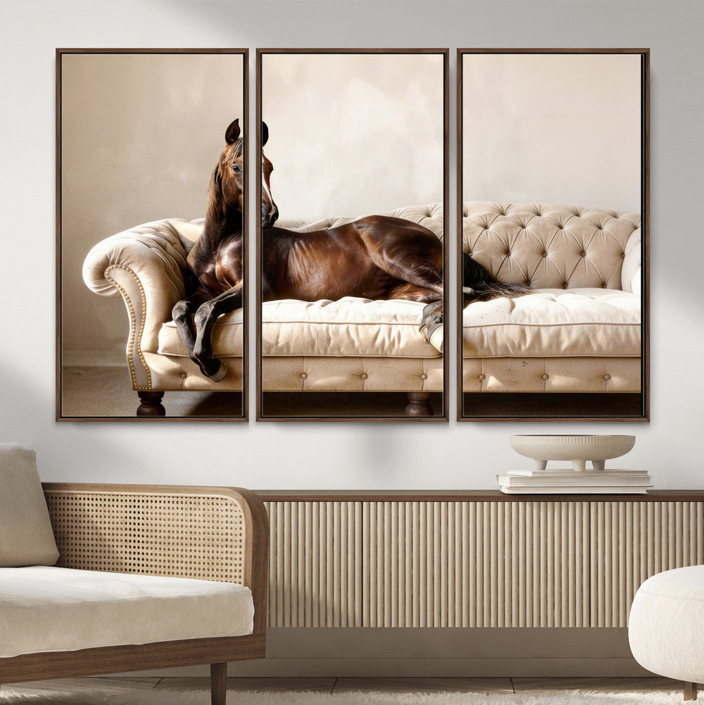 Funny Horse on Sofa Canvas Wall Art, Quirky Horse Lounging Photo