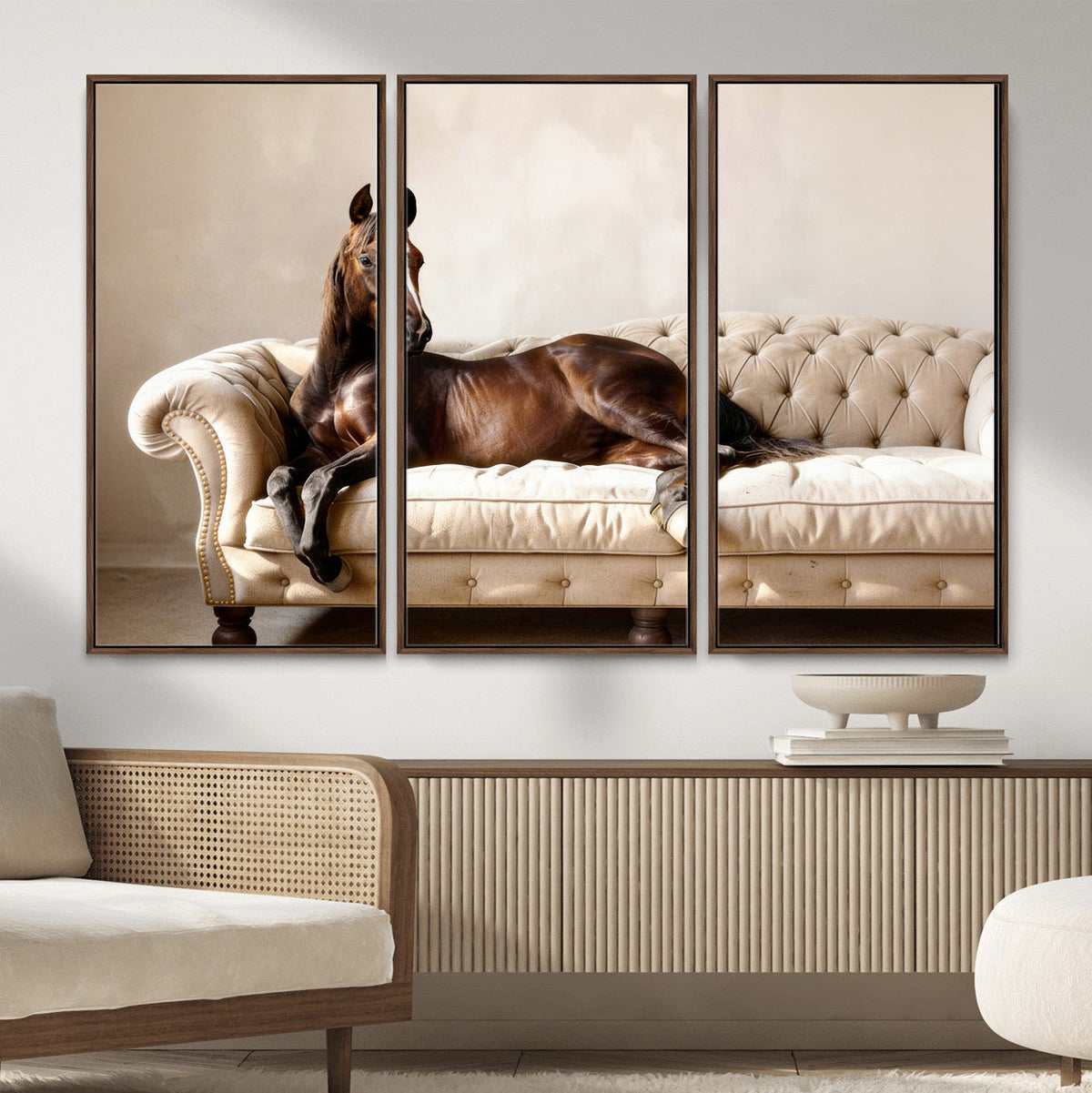 Funny Horse on Sofa Canvas Wall Art, Quirky Horse Lounging Photo