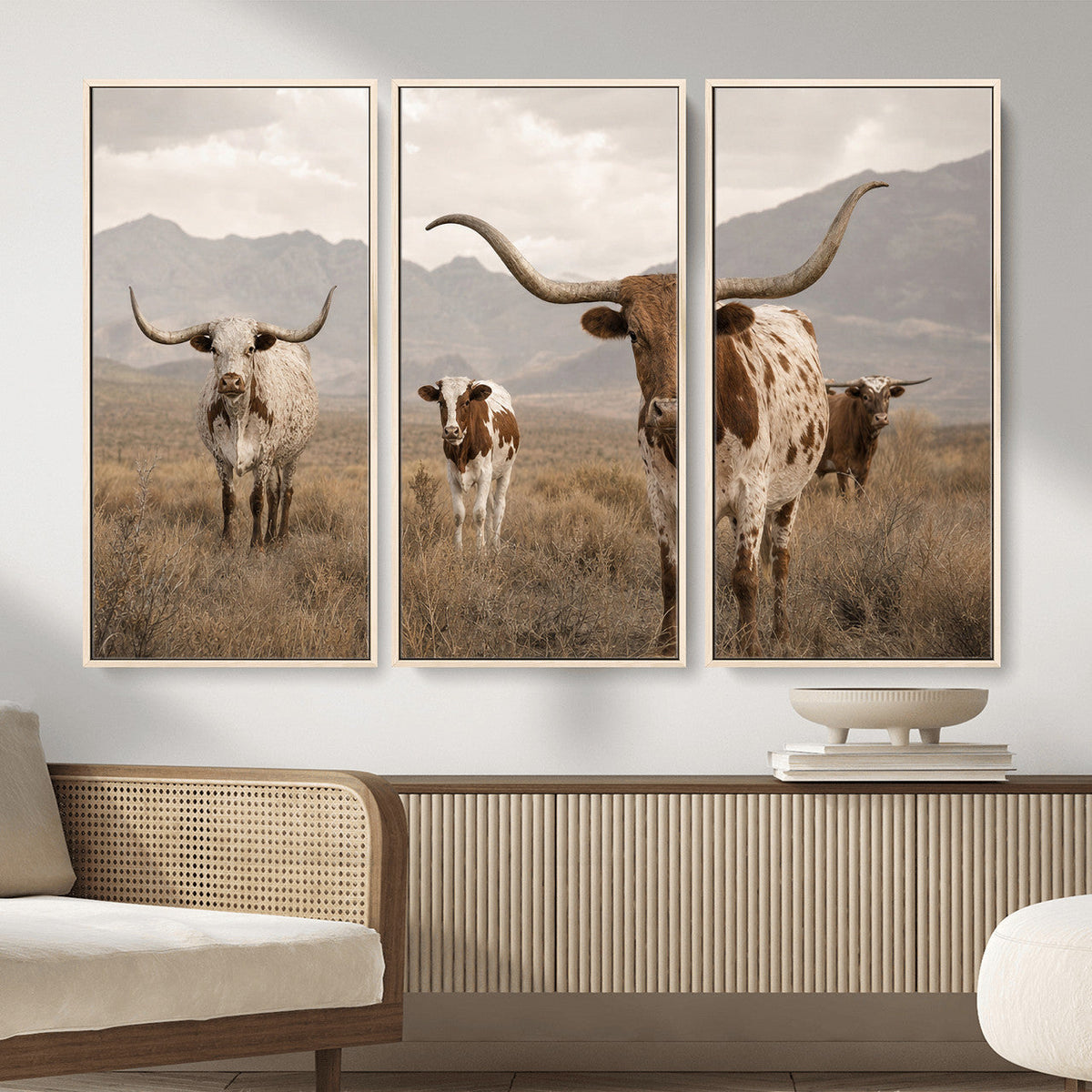 Rustic Texas Longhorn Cow Canvas Wall Art Print, Rustic Farm Animal