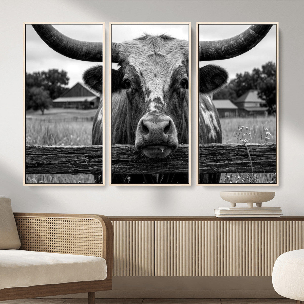 Black White Texas Longhorn Bull Canvas Wall Art, Western Ranch Cattle