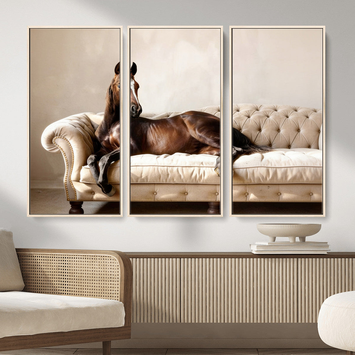 Funny Horse on Sofa Canvas Wall Art, Quirky Horse Lounging Photo